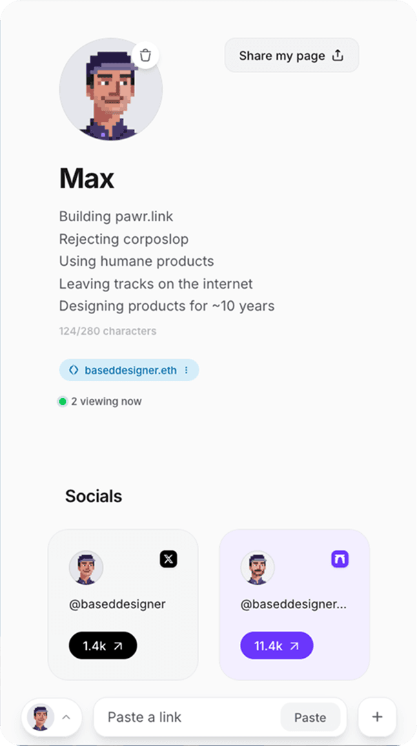 pawr.link bento grid profile page on mobile