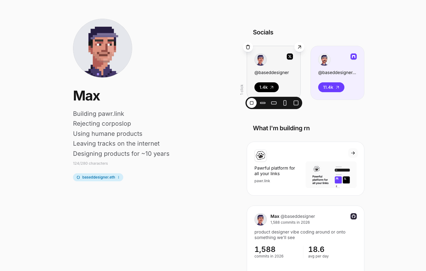 pawr.link bento grid profile page with drag-and-drop widgets